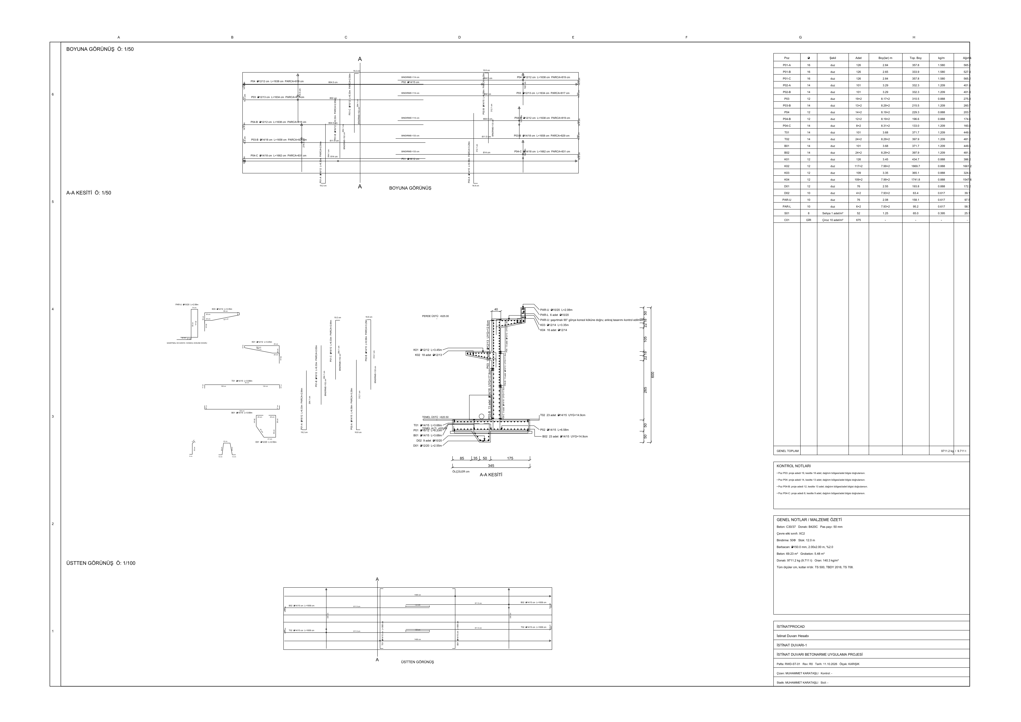 İstProCAD uygulama paftası: plan, görünüş, kesit ve donatı detayları