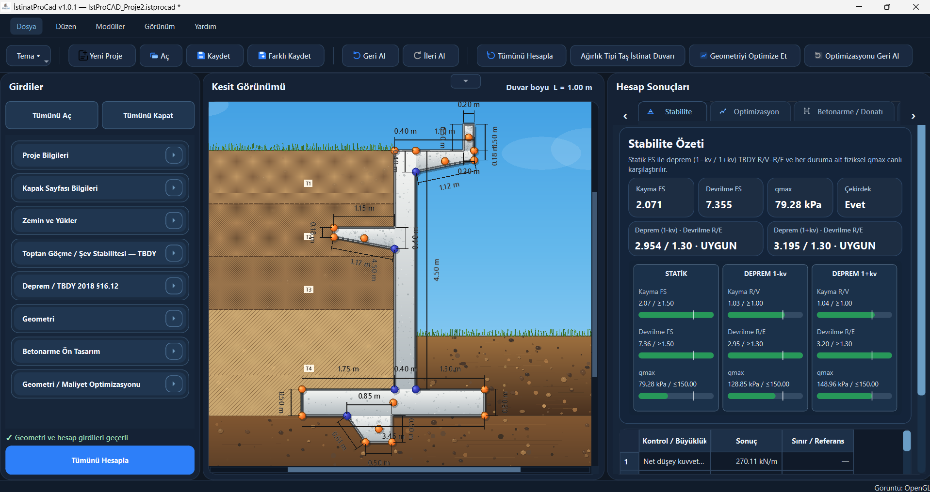 İstProCAD programında örnek istinat duvarının gerçek geometri ve hesap ekranı